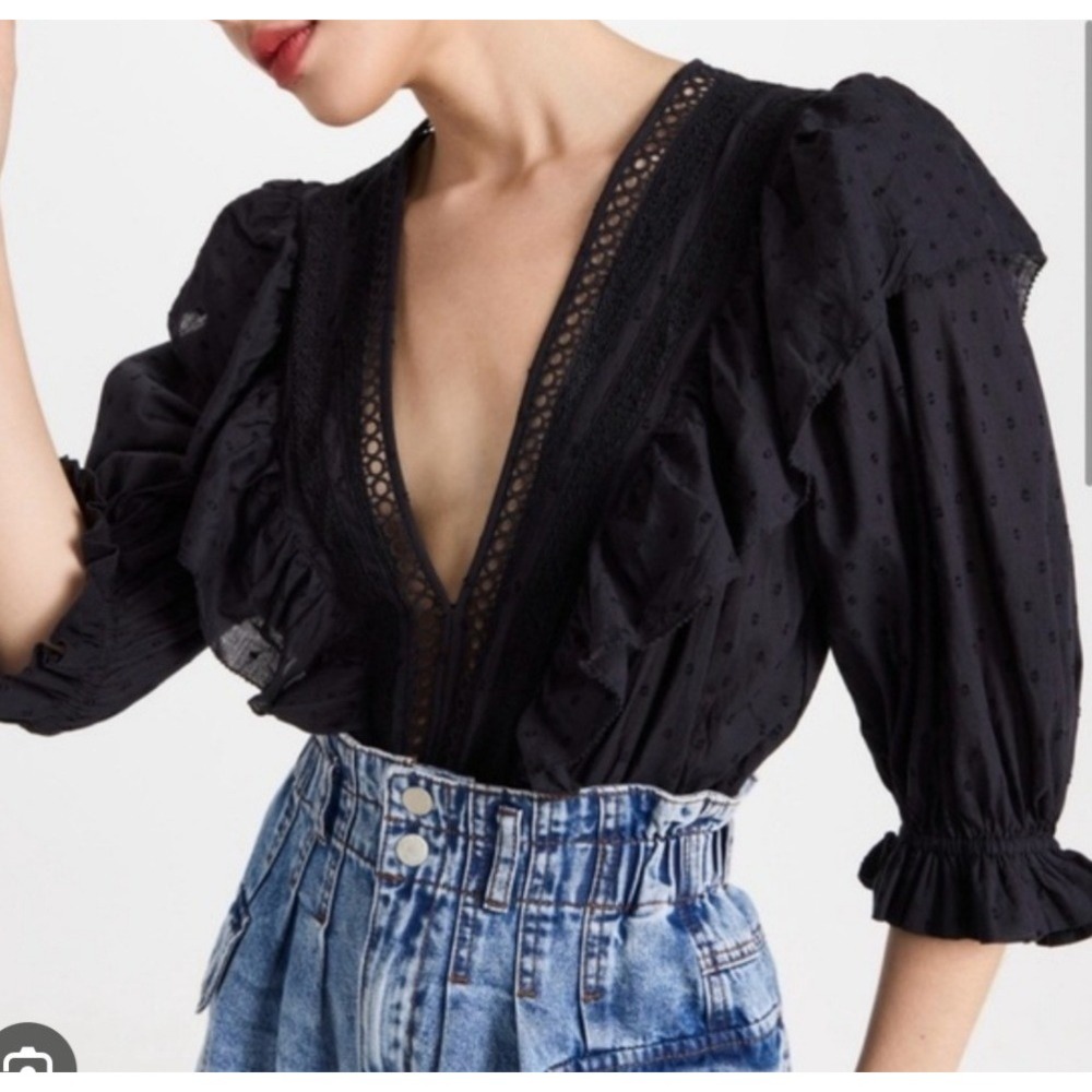 FARM Rio Black Lace-Trim Puff-Sleeve Bodysuit - Picture 4 of 10
